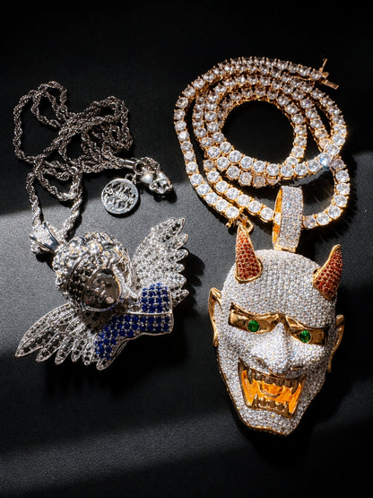 Streetwear styling featuring the ICEDIAMOND LET LIGHT IN Oni mask statement pendant necklace.
