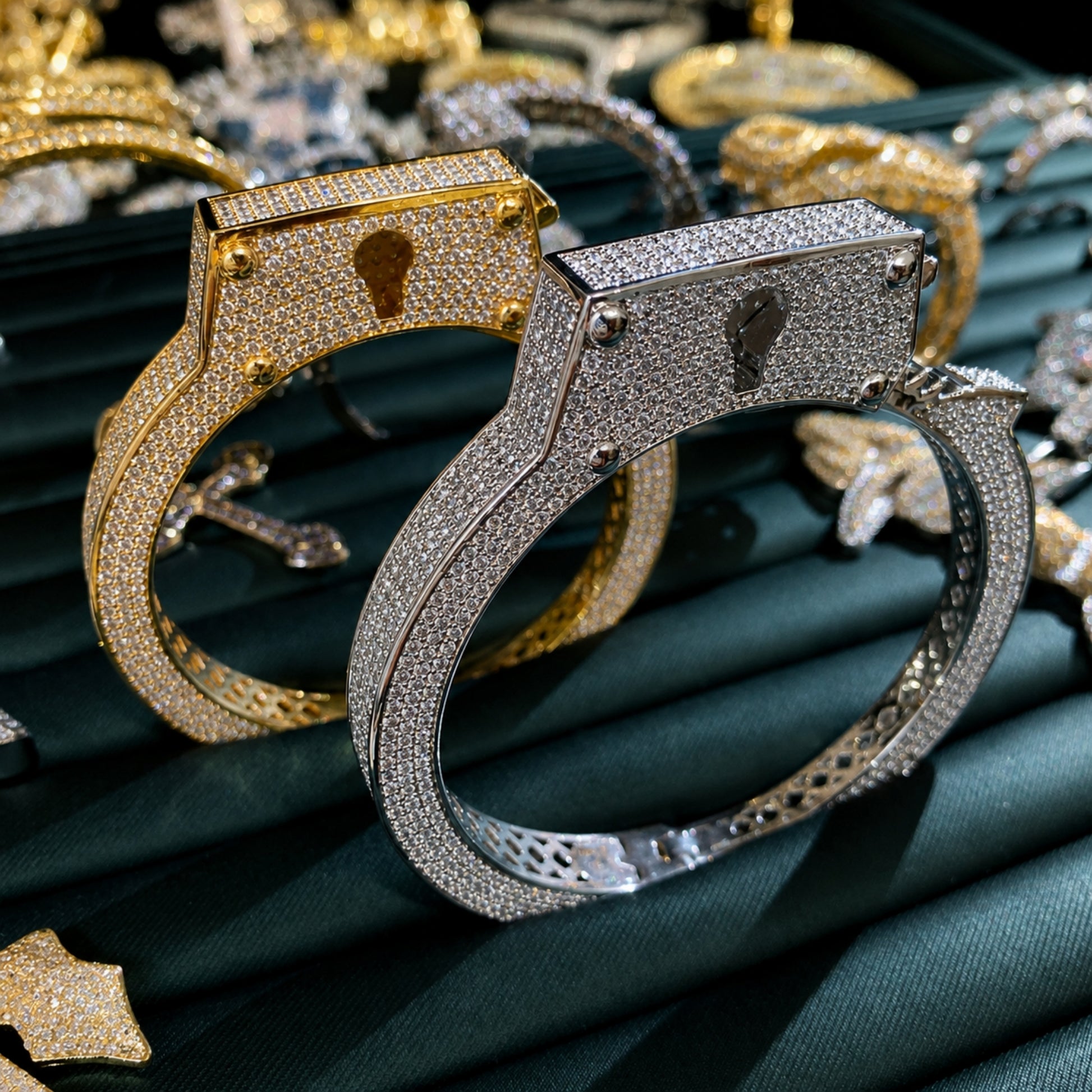 Close-up of LIVE UNBOUND lock-inspired bracelet highlighting micro pavé setting and polished 14K gold finish.
