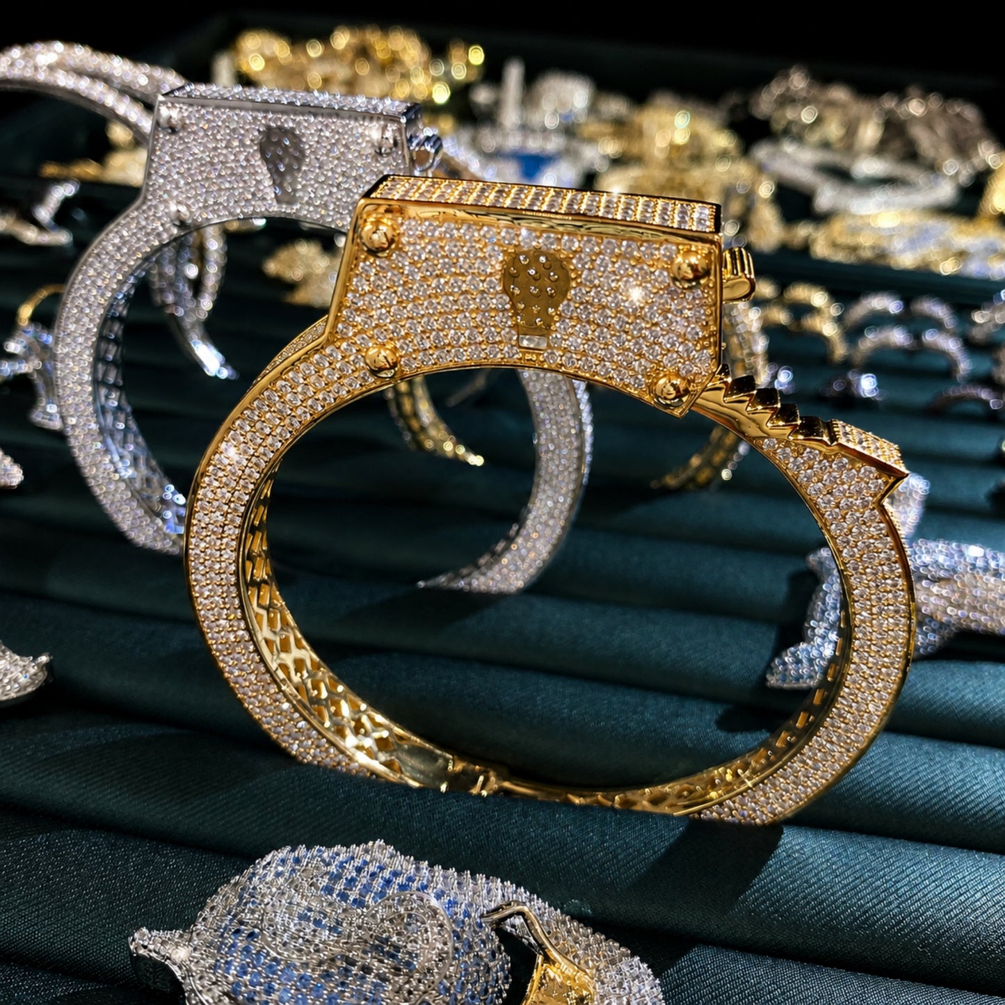 Gold and white gold LIVE UNBOUND lock-inspired bangle bracelets featuring adjustable cuff design and brilliant CZ stones.
