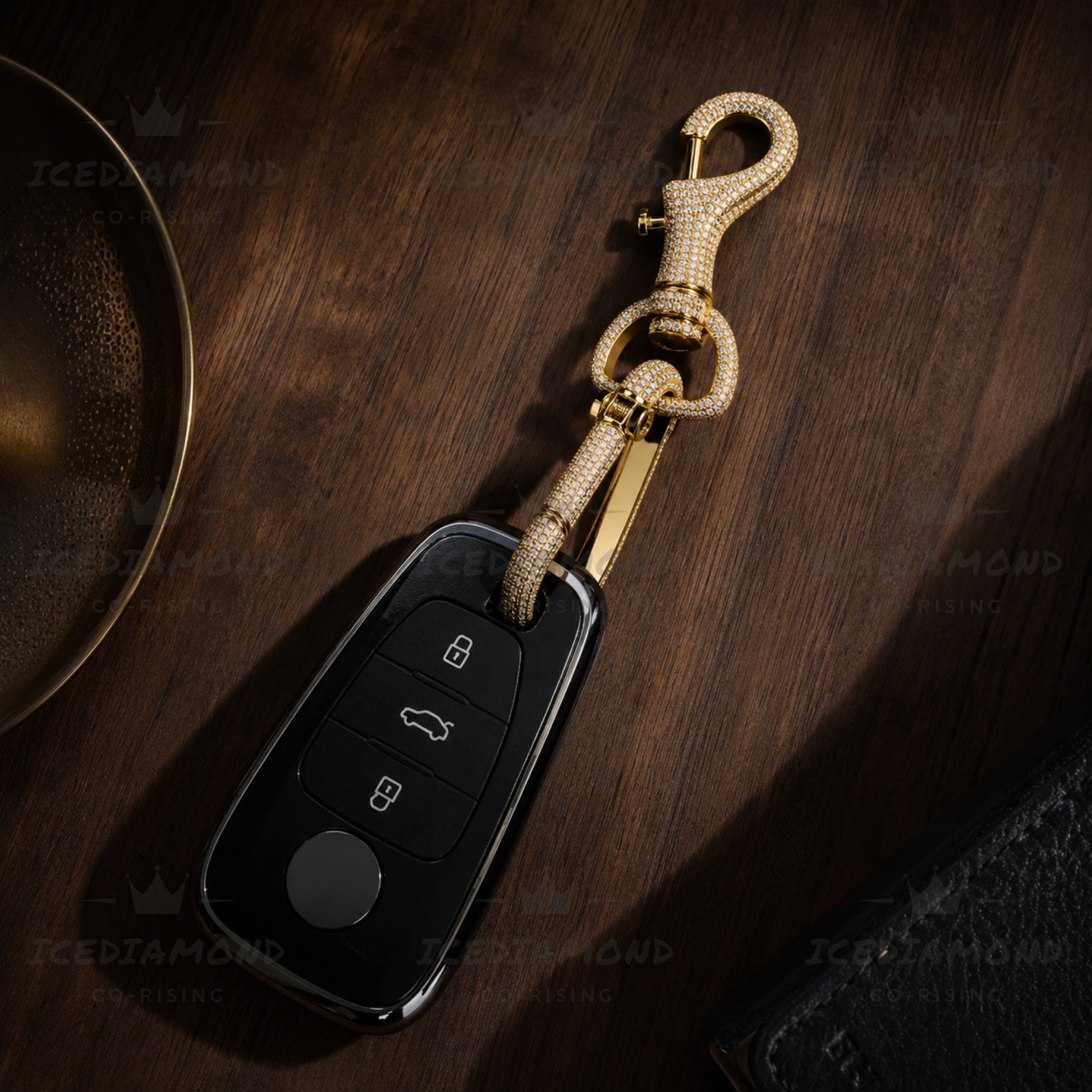 Luxury iced out carabiner key clip attached to a car key for everyday carry
