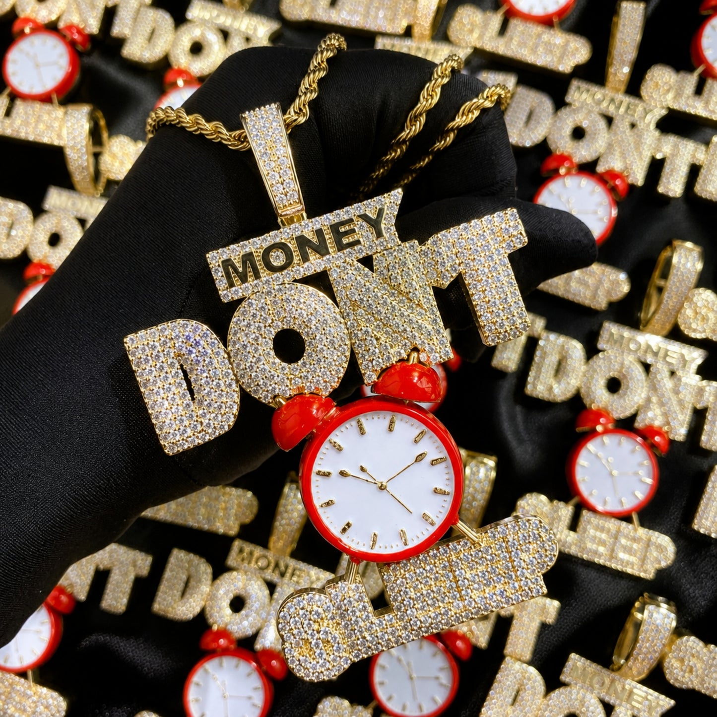 Alarm clock centerpiece and lettering detail on the MAKE TODAY COUNT pendant
