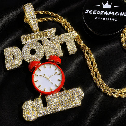 Micro pavé cubic zirconia craftsmanship on the alarm clock pendant
