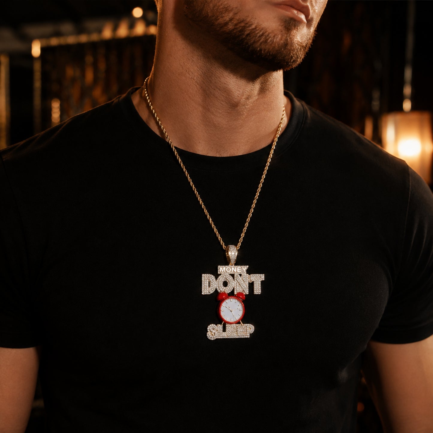 Model wearing the ICEDIAMOND MAKE TODAY COUNT alarm clock pendant necklace
