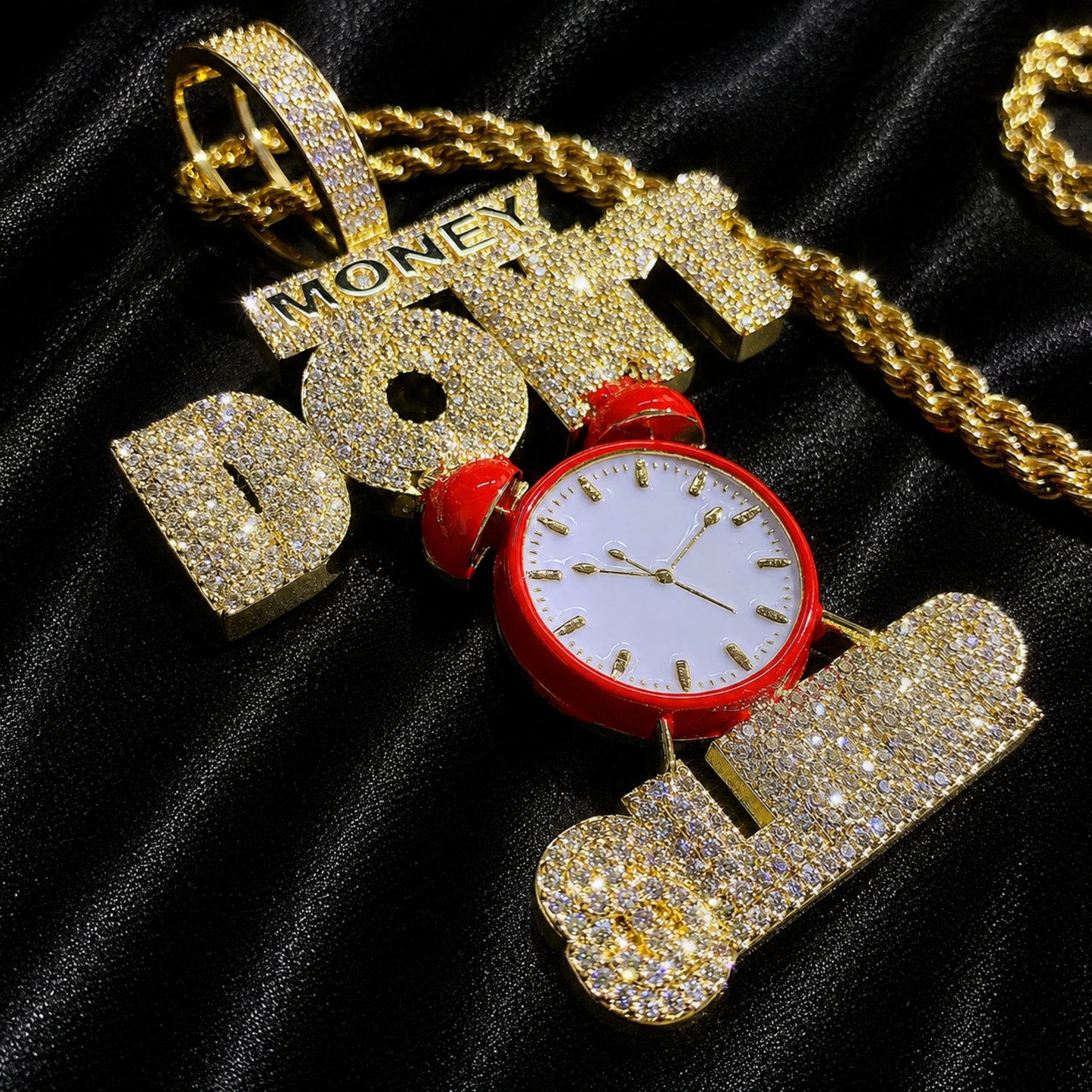 Side profile showing the layered construction of the alarm clock pendant
