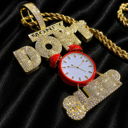 Side profile showing the layered construction of the alarm clock pendant
