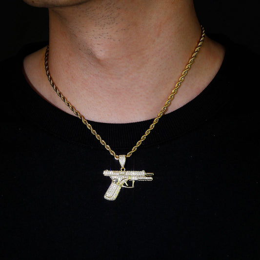 14K Hand Riffle Gun Model Pendant Iced Out CZ Diamond Necklace