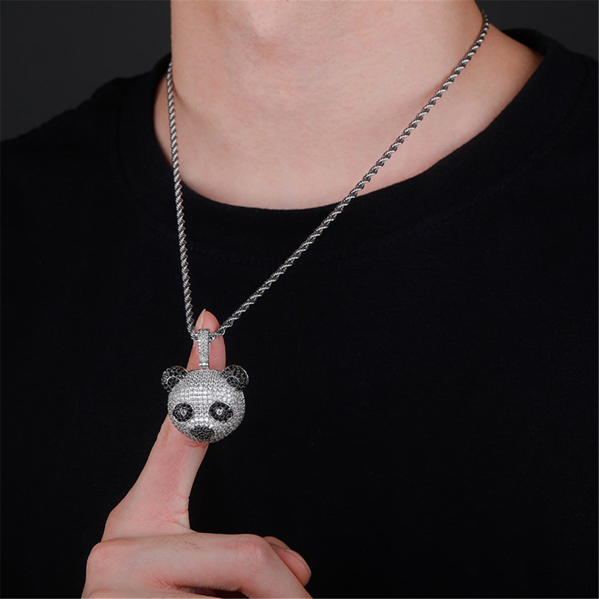 Men's iced panda pendant necklace with rope chain