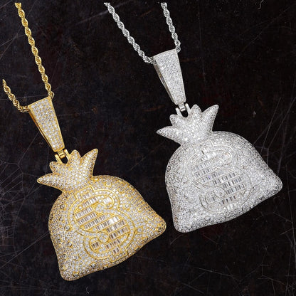 Close-up of iced money bag pendant with mixed-cut CZ dollar sign
