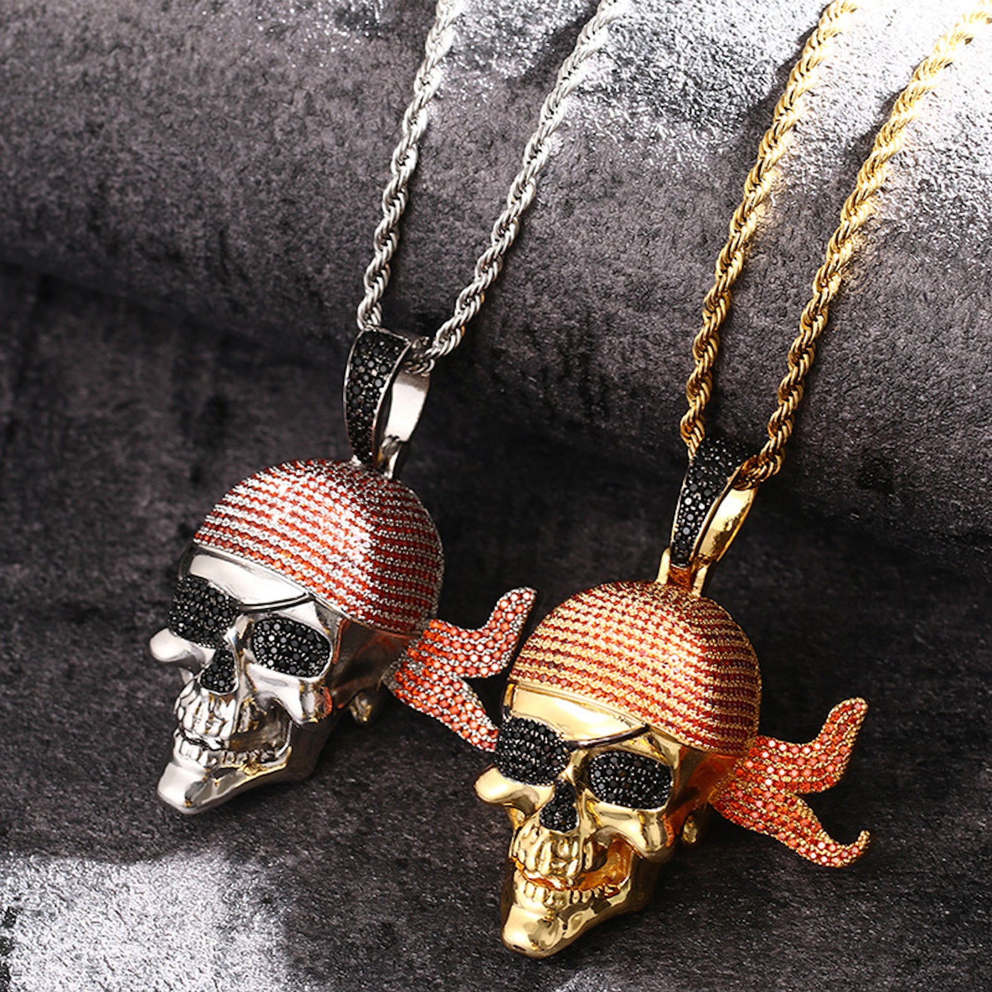 Close-up of pirate skull pendant face, black CZ eyes and red bandana details