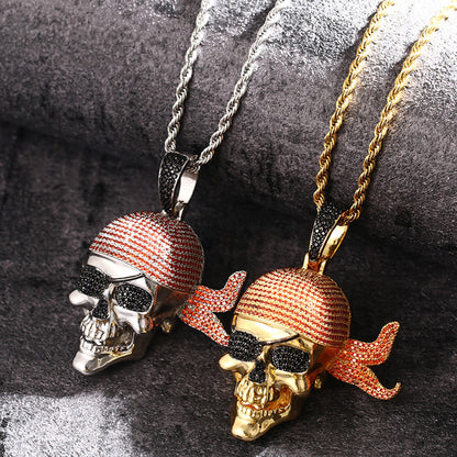 Close-up of pirate skull pendant face, black CZ eyes and red bandana details