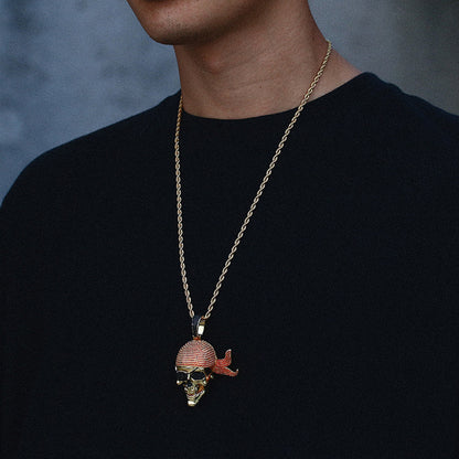 Men's pirate skull pendant necklace styled with streetwear