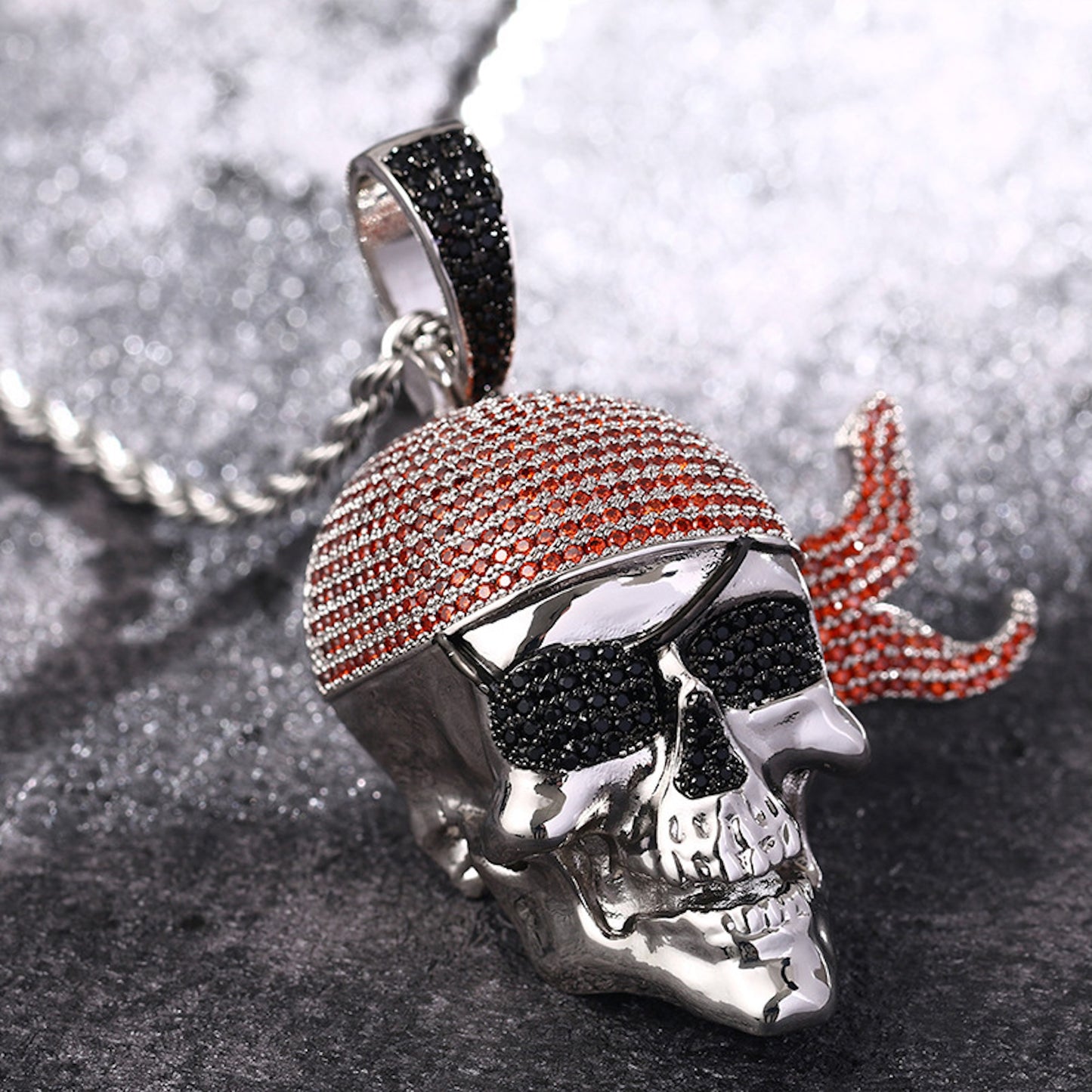 White gold plated pirate skull pendant necklace with black and clear CZ stones