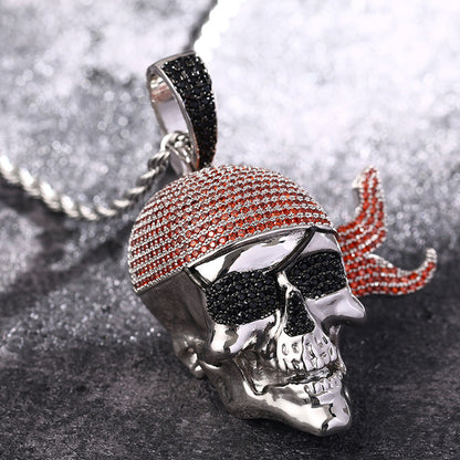 White gold plated pirate skull pendant necklace with black and clear CZ stones