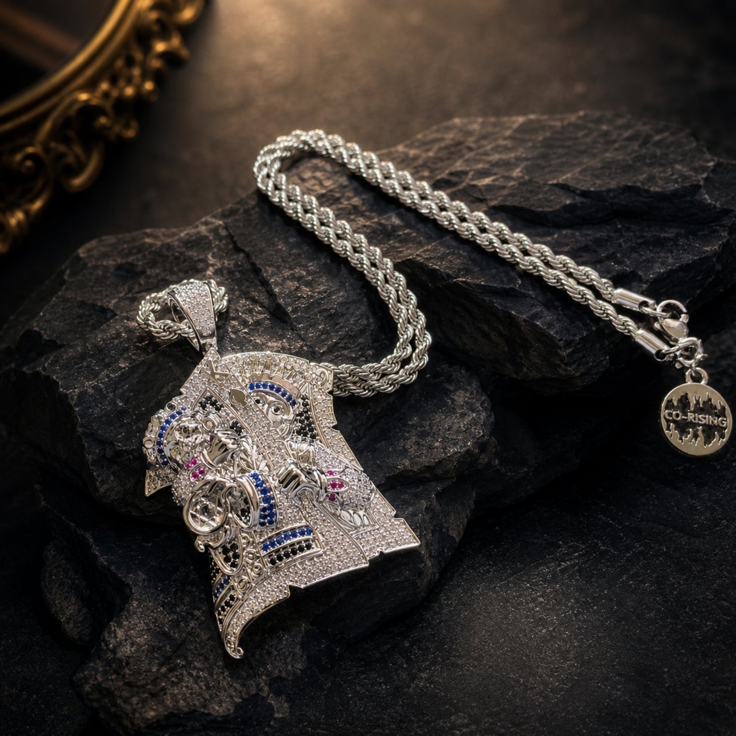Detailed view of the ICEDIAMOND PLAY DIFFERENT pendant highlighting the playing card inspired design.
