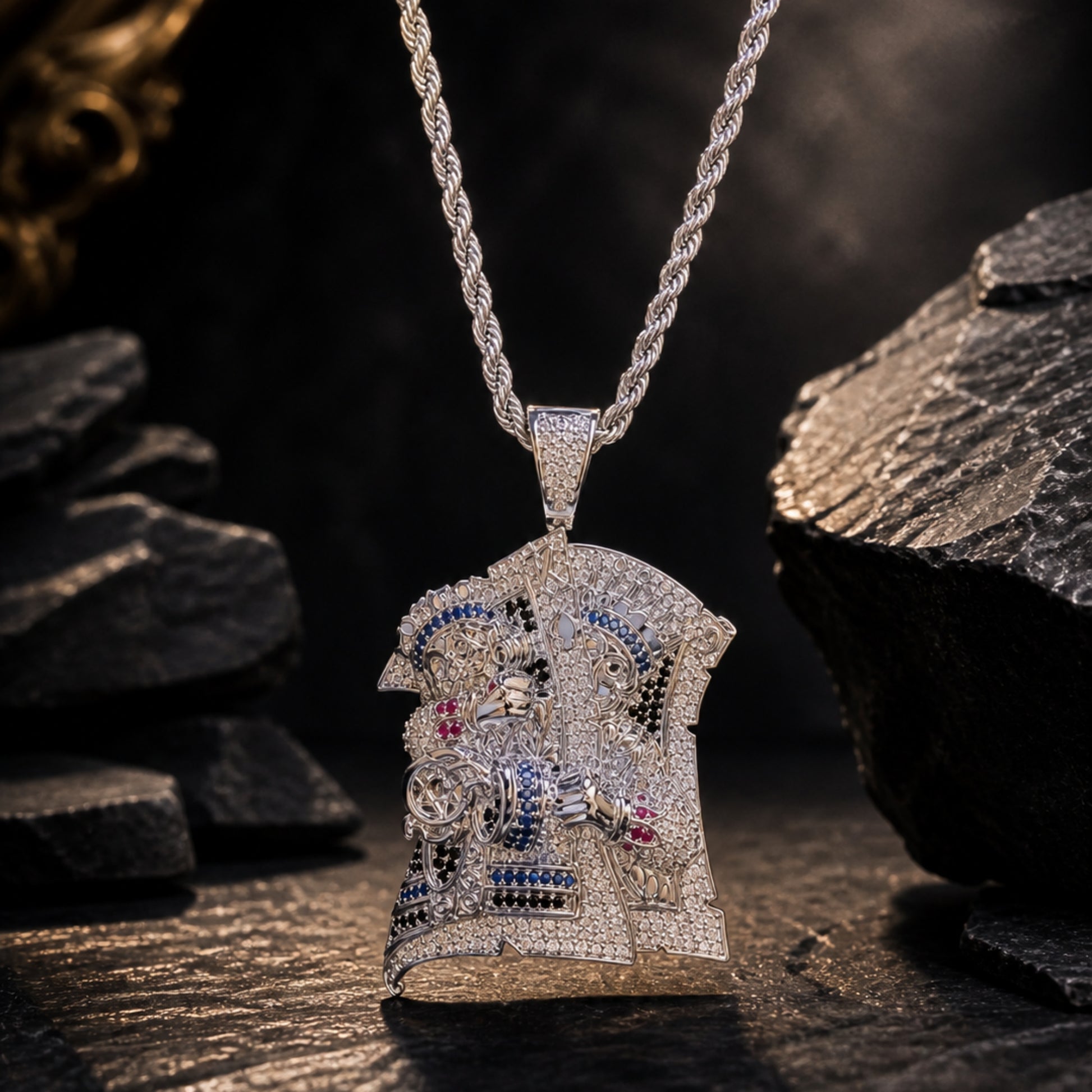 Streetwear styling featuring the ICEDIAMOND PLAY DIFFERENT statement pendant necklace.
