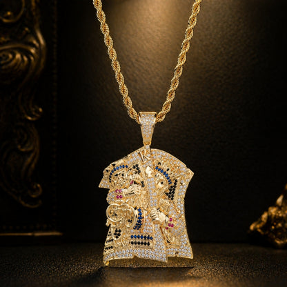ICEDIAMOND PLAY DIFFERENT playing card pendant necklace with hand-set 5A cubic zirconia and 18K gold plated finish on a stainless steel rope chain.
