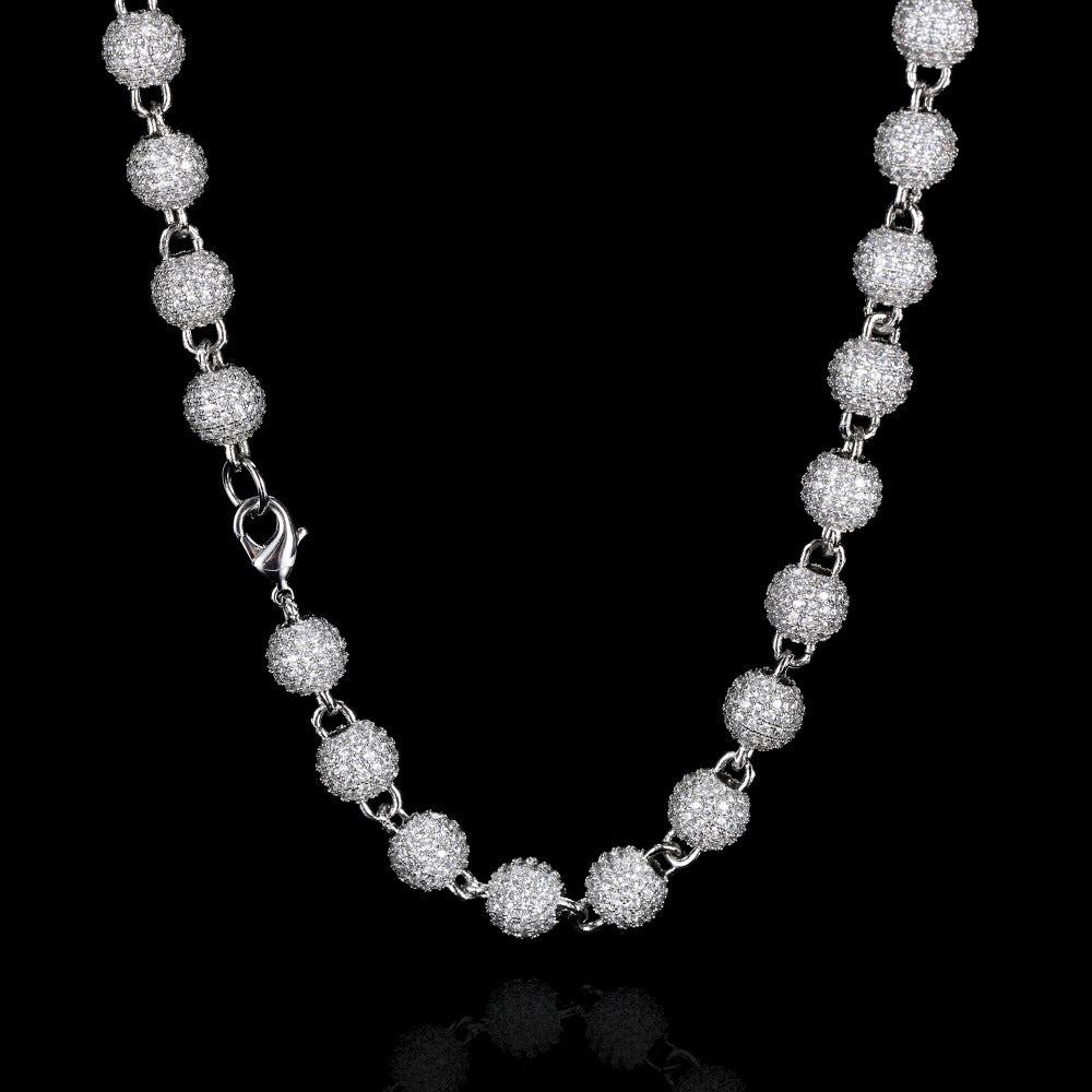 White gold color 8mm iced ball chain necklace with clear CZ stones