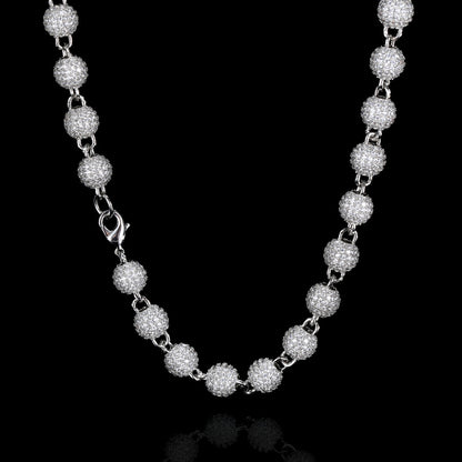 White gold color 8mm iced ball chain necklace with clear CZ stones