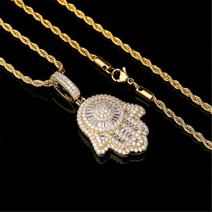 Close-up of round and baguette cubic zirconia on SAFE HARBOR pendant

