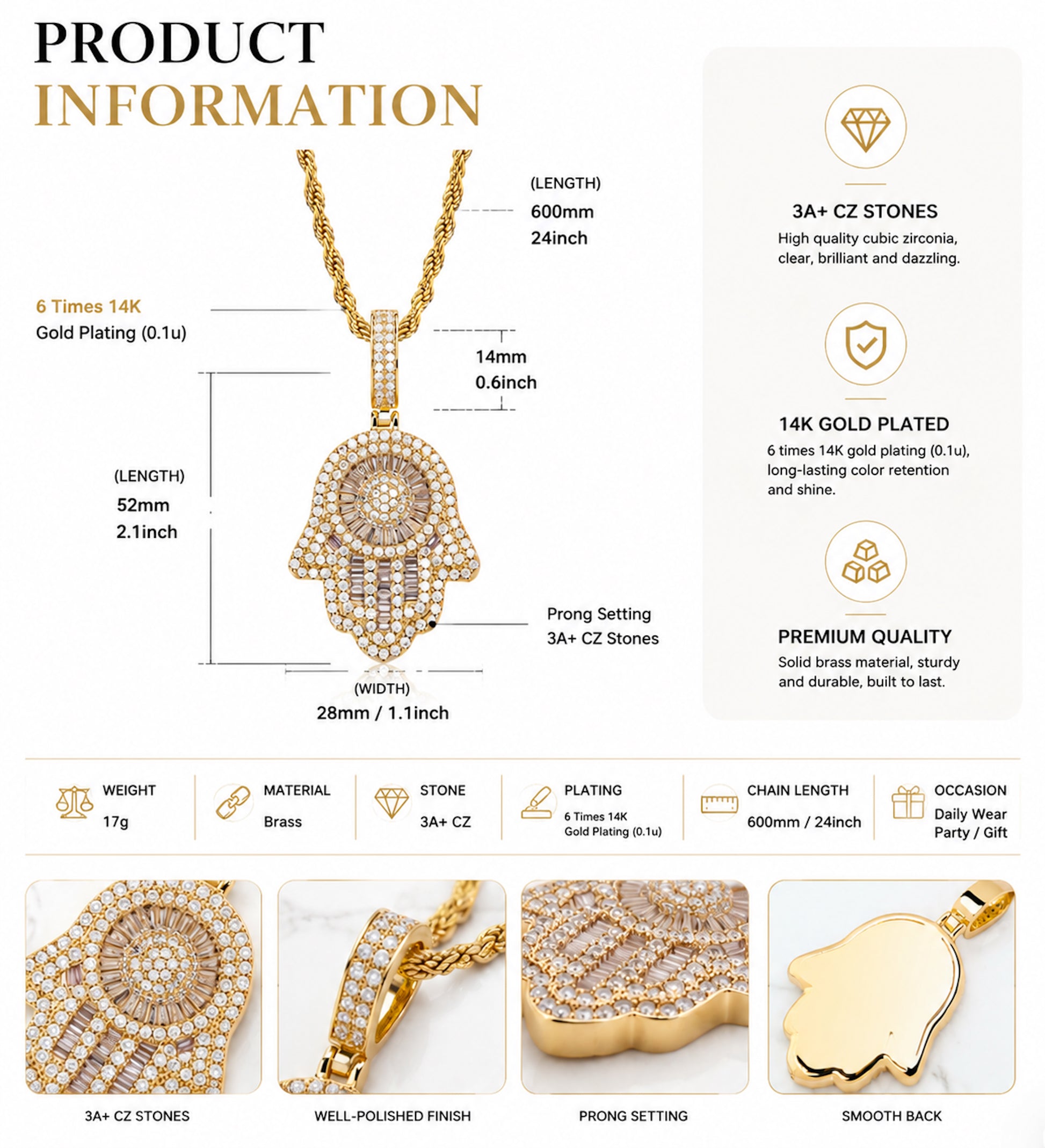 Specifications of round and baguette cubic zirconia on SAFE HARBOR pendant
