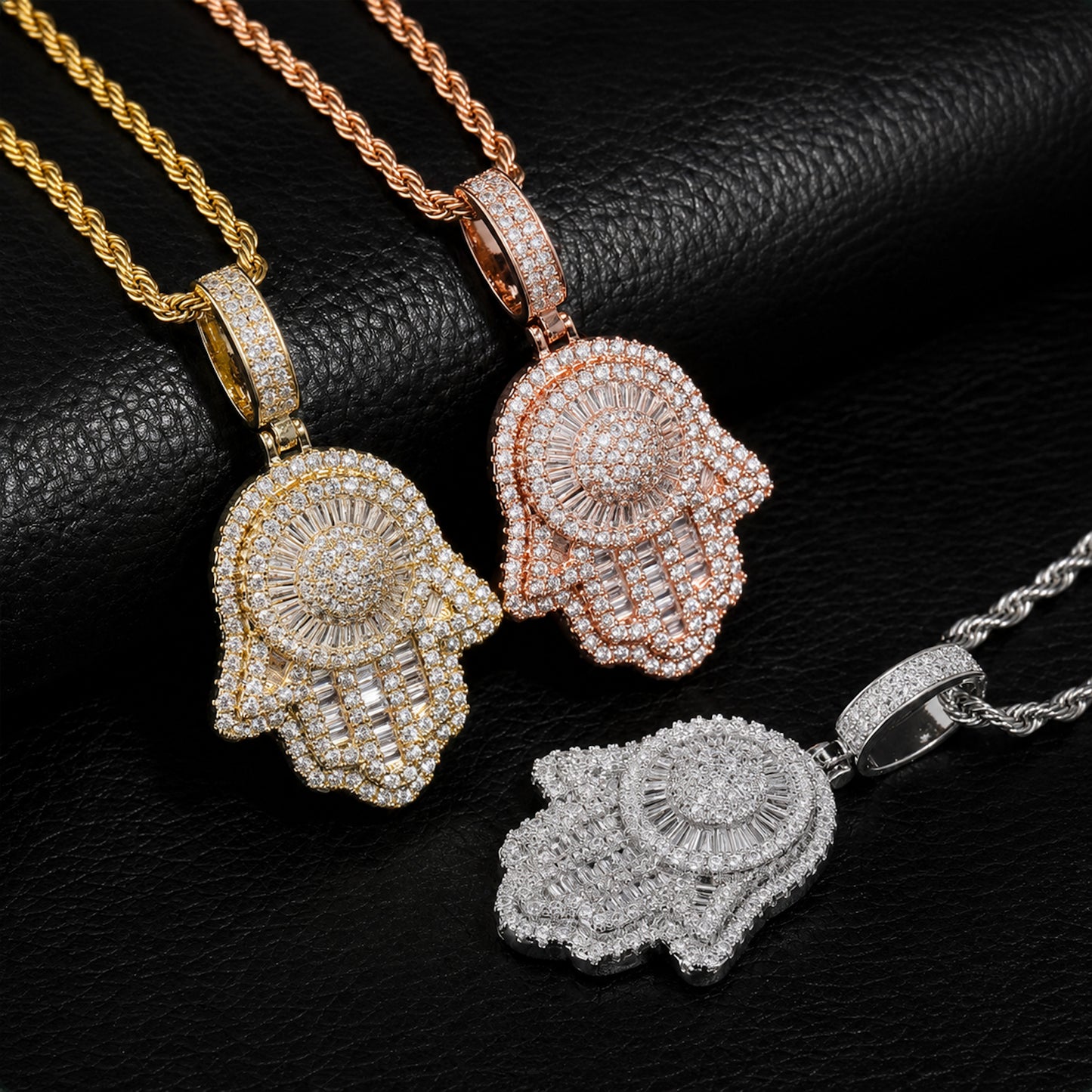 SAFE HARBOR Hamsa Hand pendant necklace available in gold silver and rose gold
