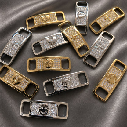 Close-up of hand-set cubic zirconia sneaker jewelry

