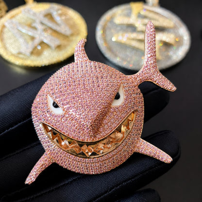 Hand-set pink cubic zirconia on the SMILE BACK shark pendant
