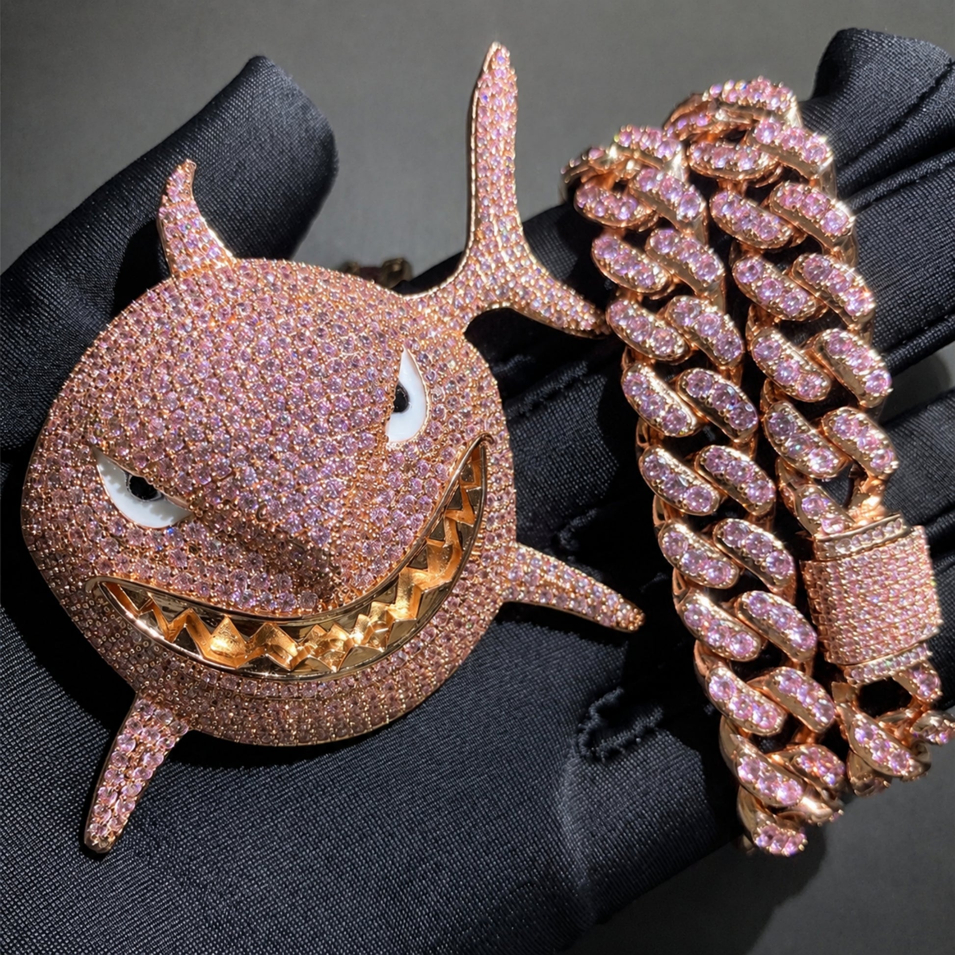 Pink shark pendant paired with a pink CZ Cuban chain
