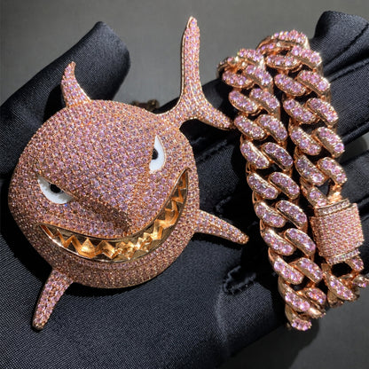 Pink shark pendant paired with a pink CZ Cuban chain

