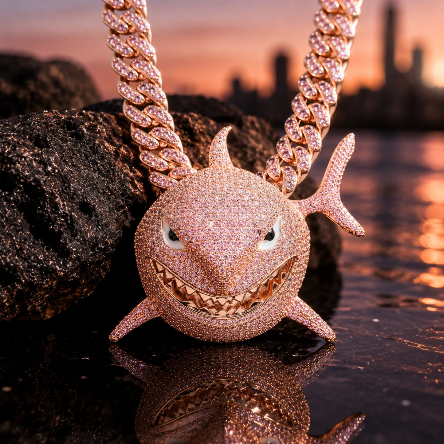 ICEDIAMOND SMILE BACK pink shark pendant necklace in rose gold
