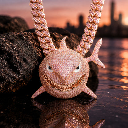 ICEDIAMOND SMILE BACK pink shark pendant necklace in rose gold
