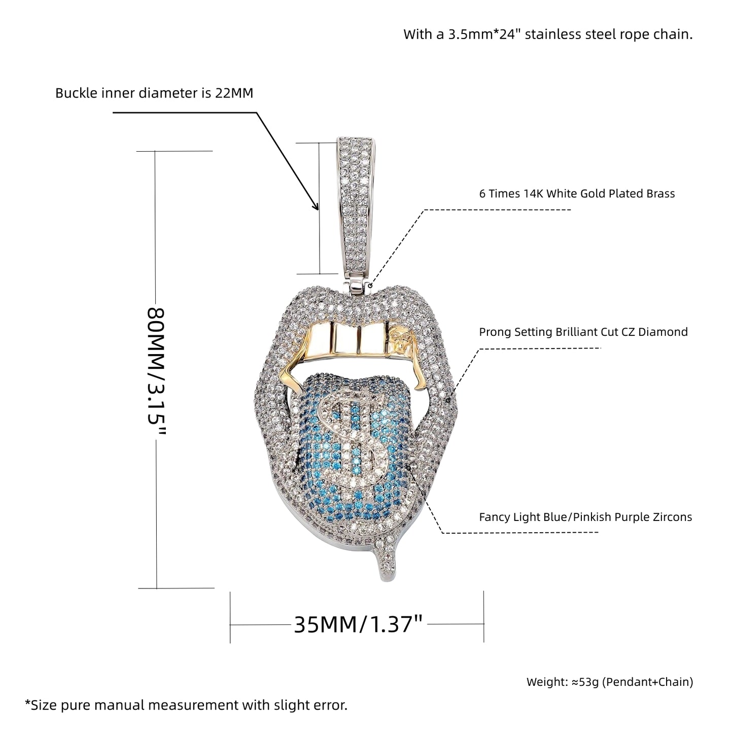 Size guide for the ICEDIAMOND SPEAK LOUD dollar tongue pendant necklace
