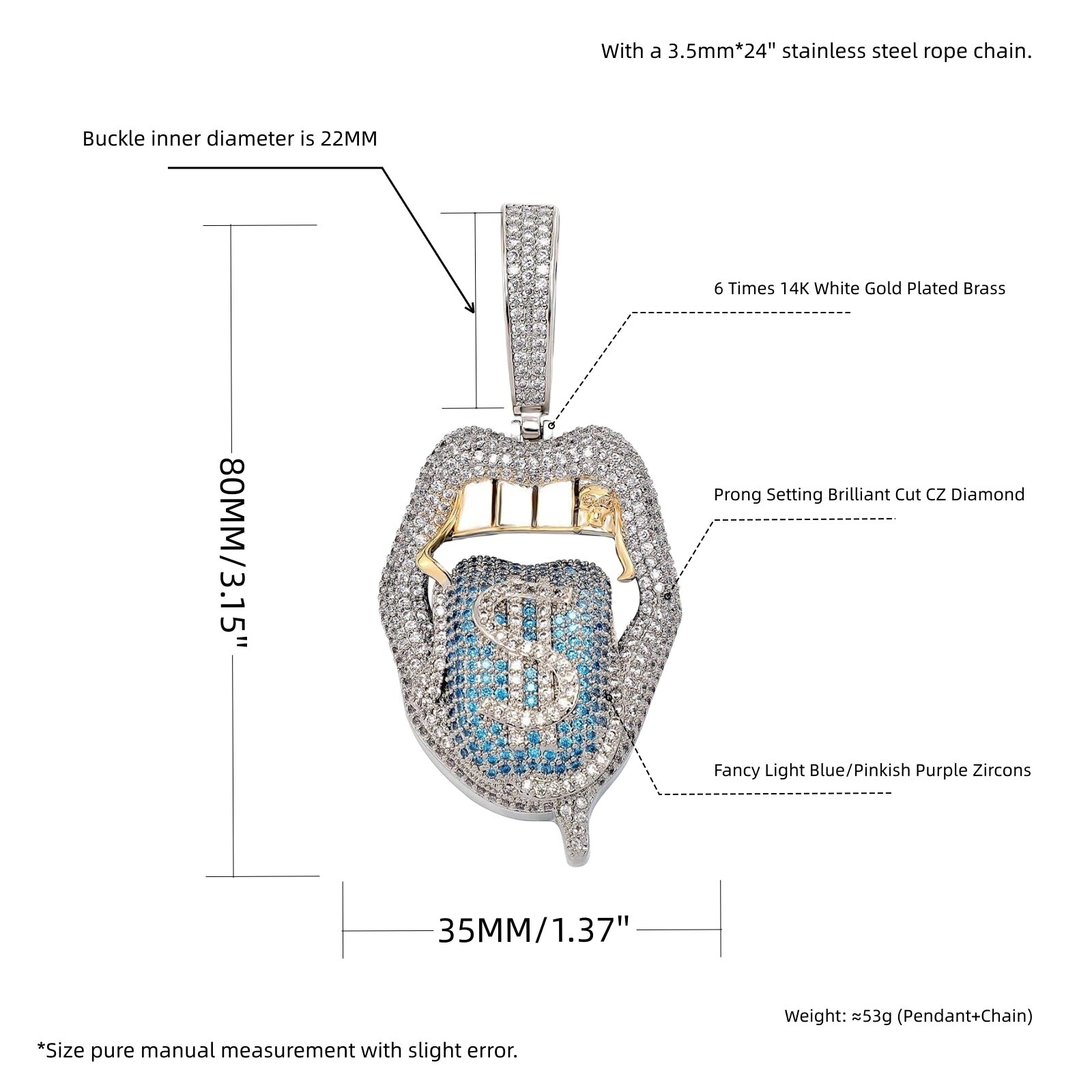 Size guide for the ICEDIAMOND SPEAK LOUD dollar tongue pendant necklace
