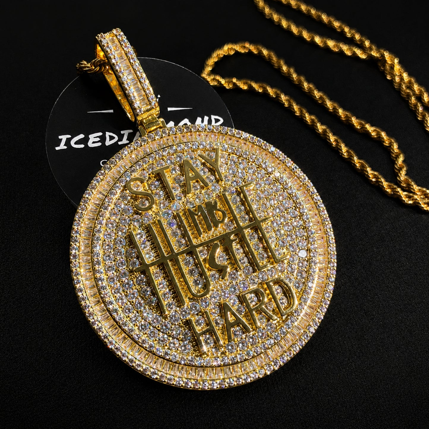 ICEDIAMOND STAY HARD statement pendant necklace with hand-set 5A cubic zirconia
