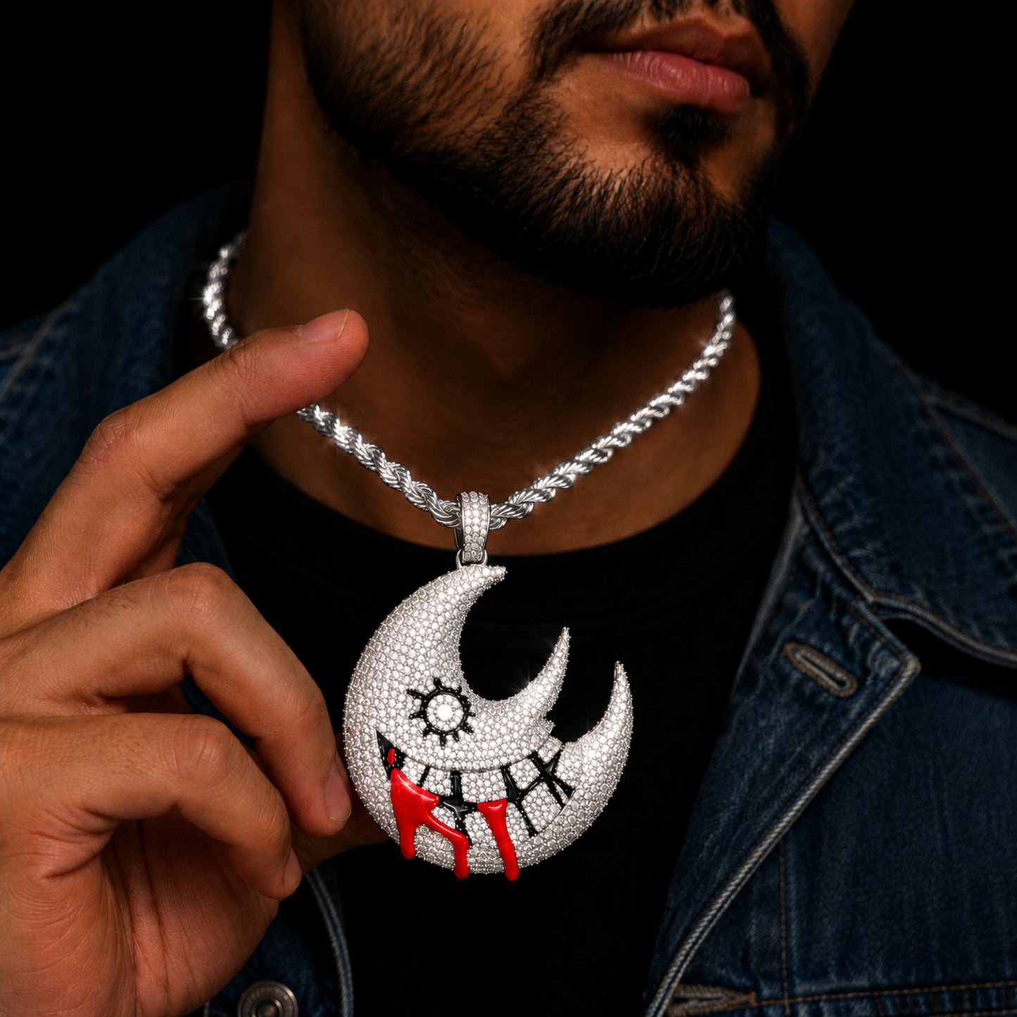 Male model wearing the ICEDIAMOND white gold crescent moon pendant necklace
