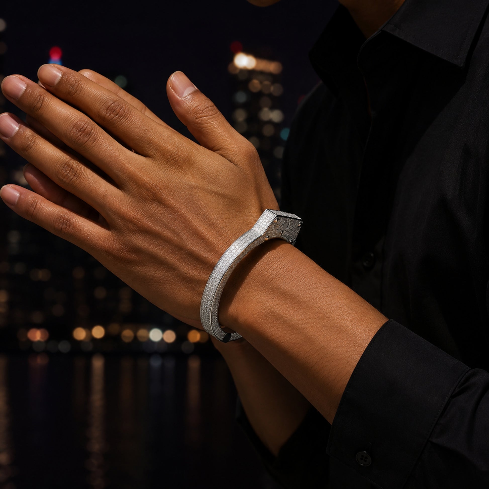 white gold ICEDIAMOND LIVE UNBOUND iced out lock-inspired bracelet worn on wrist showing