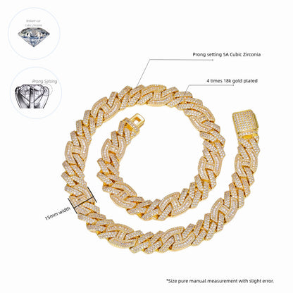 ICEDIAMOND 15mm Baguette CZ Diamond Dual-D Ring Mixed Cuban Link Chain Necklace, 18K Gold Plated Iced Out Bright Zirconia Stones Hip Hop Charm Jewelry for Men Women
