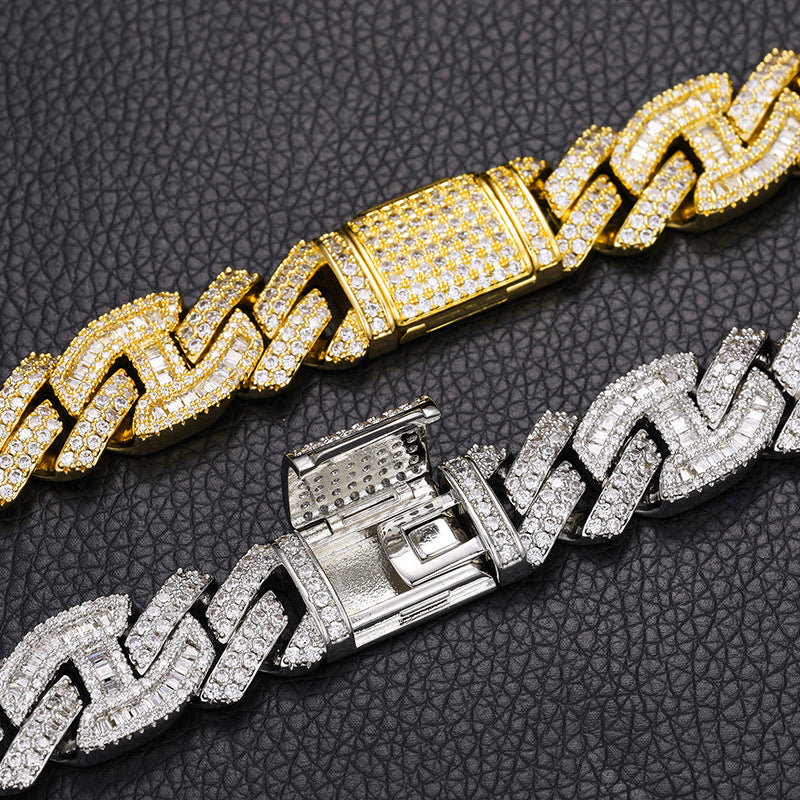 ICEDIAMOND 15mm Baguette CZ Diamond Dual-D Ring Mixed Cuban Link Chain Necklace, 18K Gold Plated Iced Out Bright Zirconia Stones Hip Hop Charm Jewelry for Men Women