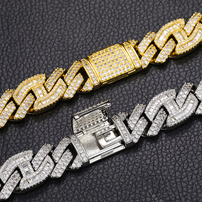 ICEDIAMOND 15mm Baguette CZ Diamond Dual-D Ring Mixed Cuban Link Chain Necklace, 18K Gold Plated Iced Out Bright Zirconia Stones Hip Hop Charm Jewelry for Men Women