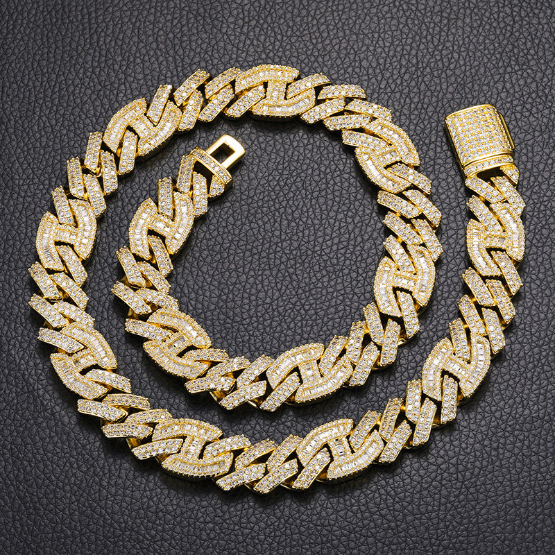 ICEDIAMOND 15mm Baguette CZ Diamond Dual-D Ring Mixed Cuban Link Chain Necklace, 18K Gold Plated Iced Out Bright Zirconia Stones Hip Hop Charm Jewelry for Men Women