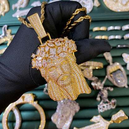 ICEDIAMOND CROWN YOUR FAITH gold Jesus head pendant necklace with cubic zirconia
