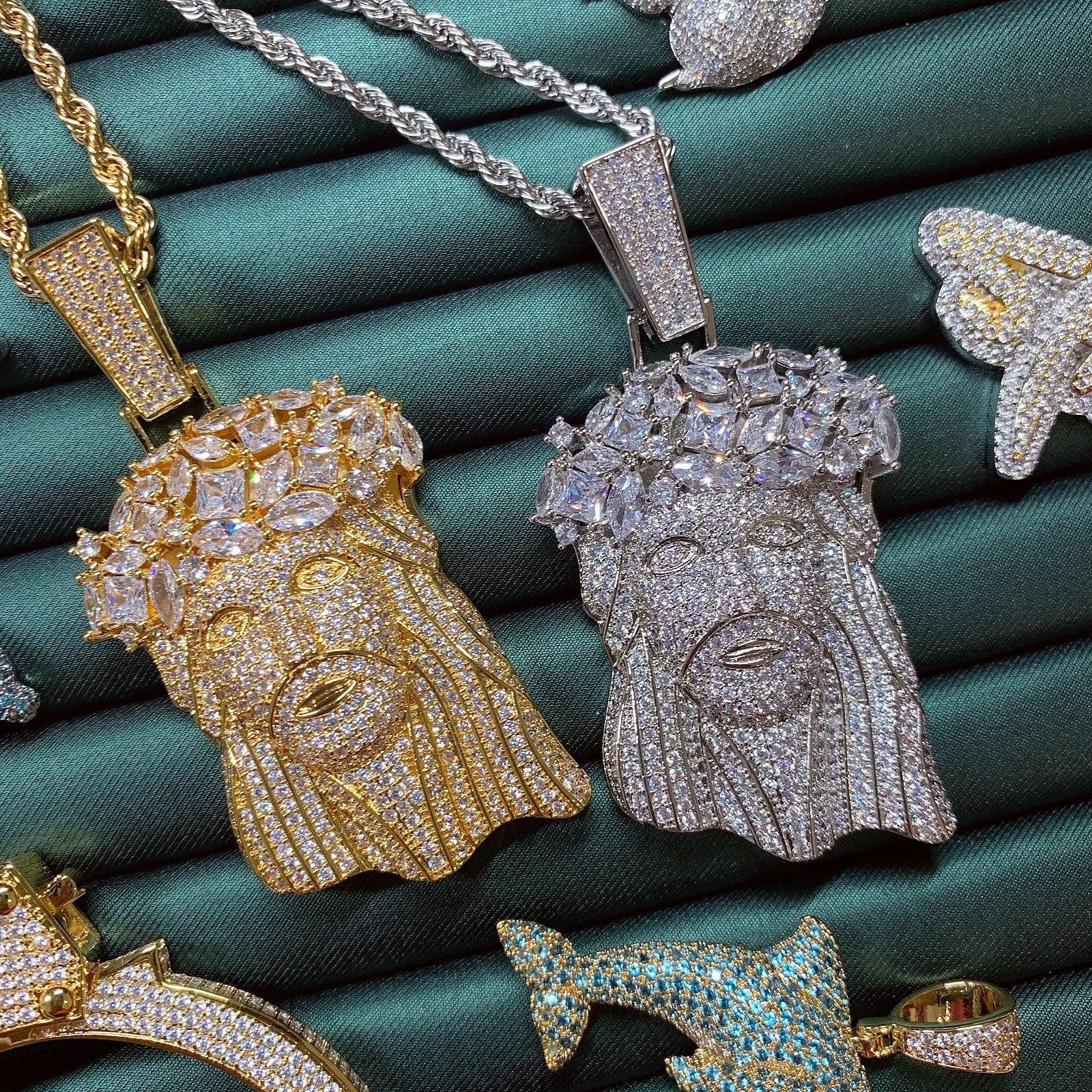 Gold Jesus head pendant necklace styled with modern streetwear
