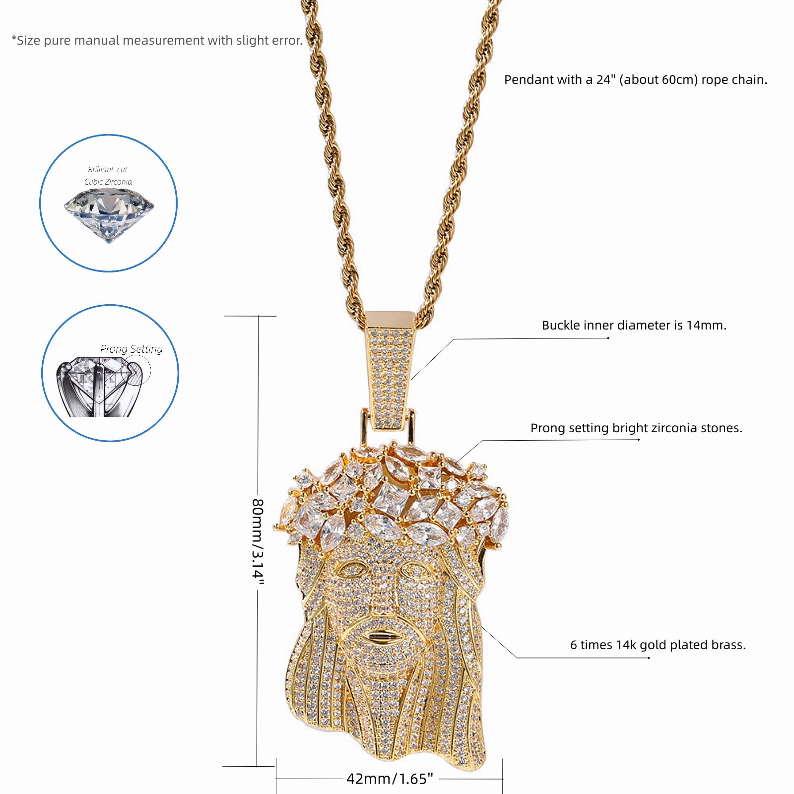 Size guide for the CROWN YOUR FAITH Jesus head pendant necklace
