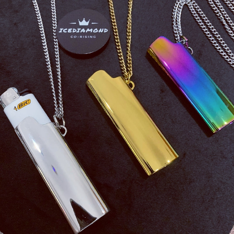 ICEDIAMOND WITHIN REACH polished metal lighter holder necklace with Cuban curb chain