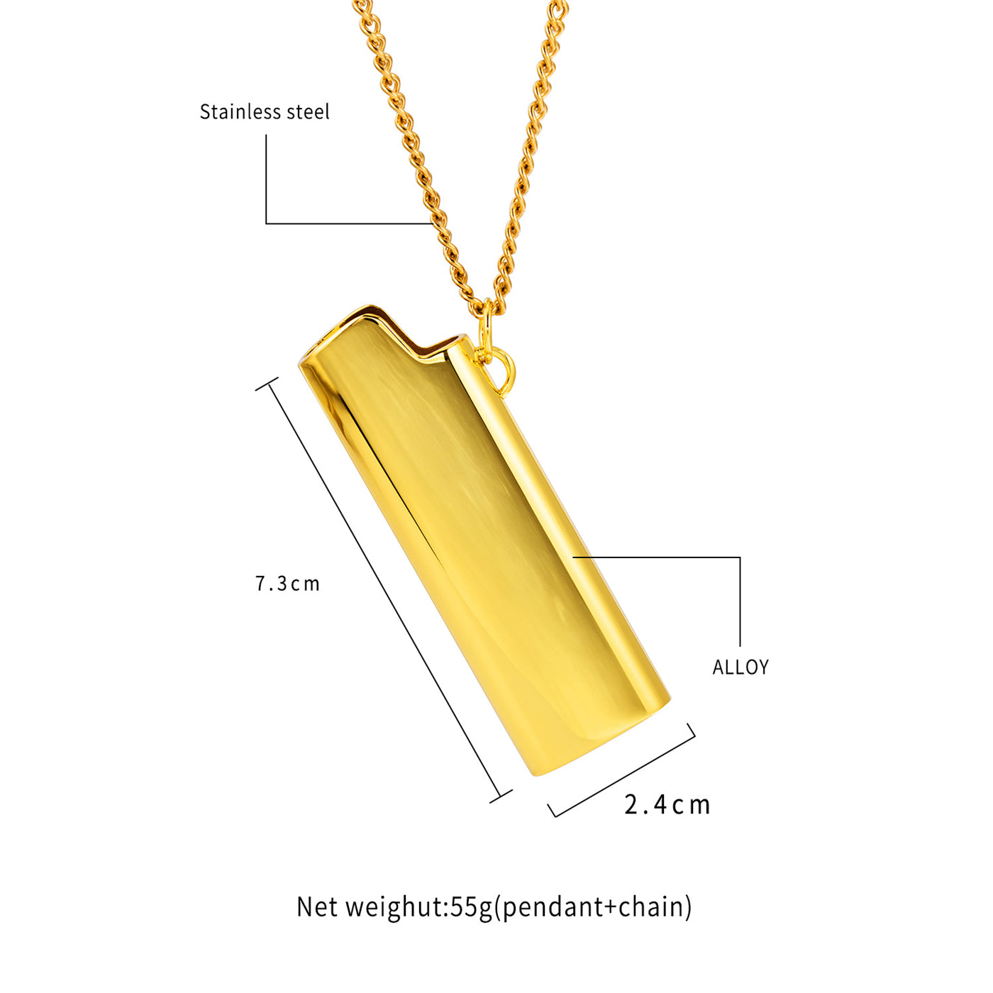Size detail for 24 by 73 mm metal lighter holder pendant